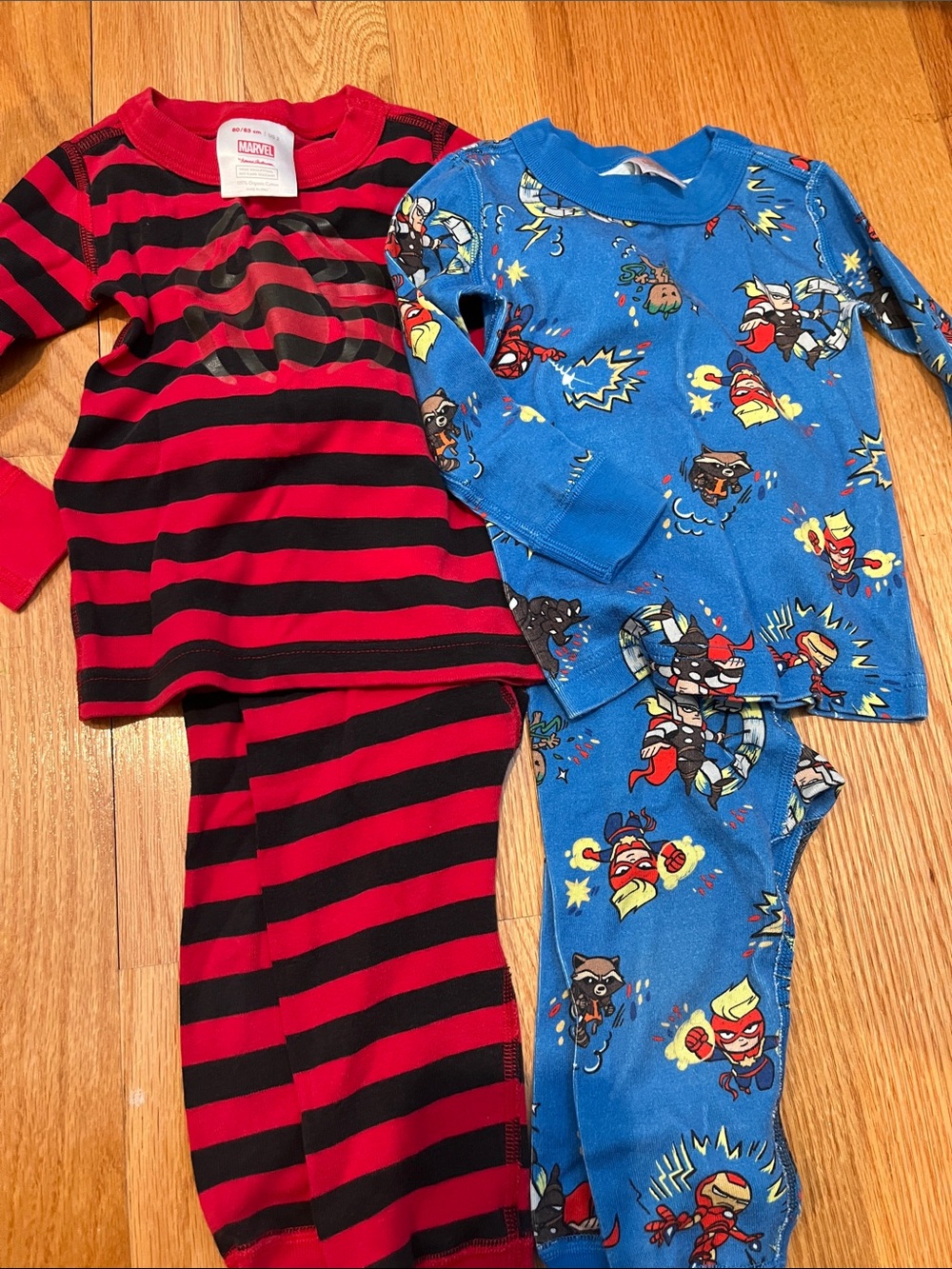 Hanna Andersson Kids Pajama Set - Red & Black Stripes + Blue Superhero Print